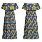 Parramatta Eels Couples Matching Off Shoulder Maxi Dress and Long Sleeve Button Shirt Tropical Hibiscus Floral Seamless Rugby Mascot