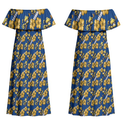 Parramatta Eels Couples Matching Off Shoulder Maxi Dress and Long Sleeve Button Shirt Tropical Hibiscus Floral Seamless Rugby Mascot