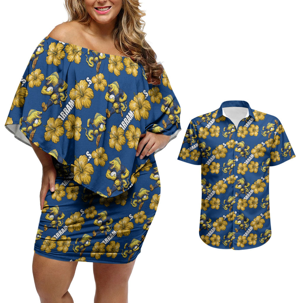 Parramatta Eels Couples Matching Off Shoulder Short Dress and Hawaiian Shirt Tropical Hibiscus Floral Seamless Rugby Mascot