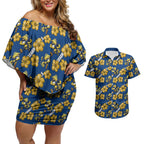 Parramatta Eels Couples Matching Off Shoulder Short Dress and Hawaiian Shirt Tropical Hibiscus Floral Seamless Rugby Mascot