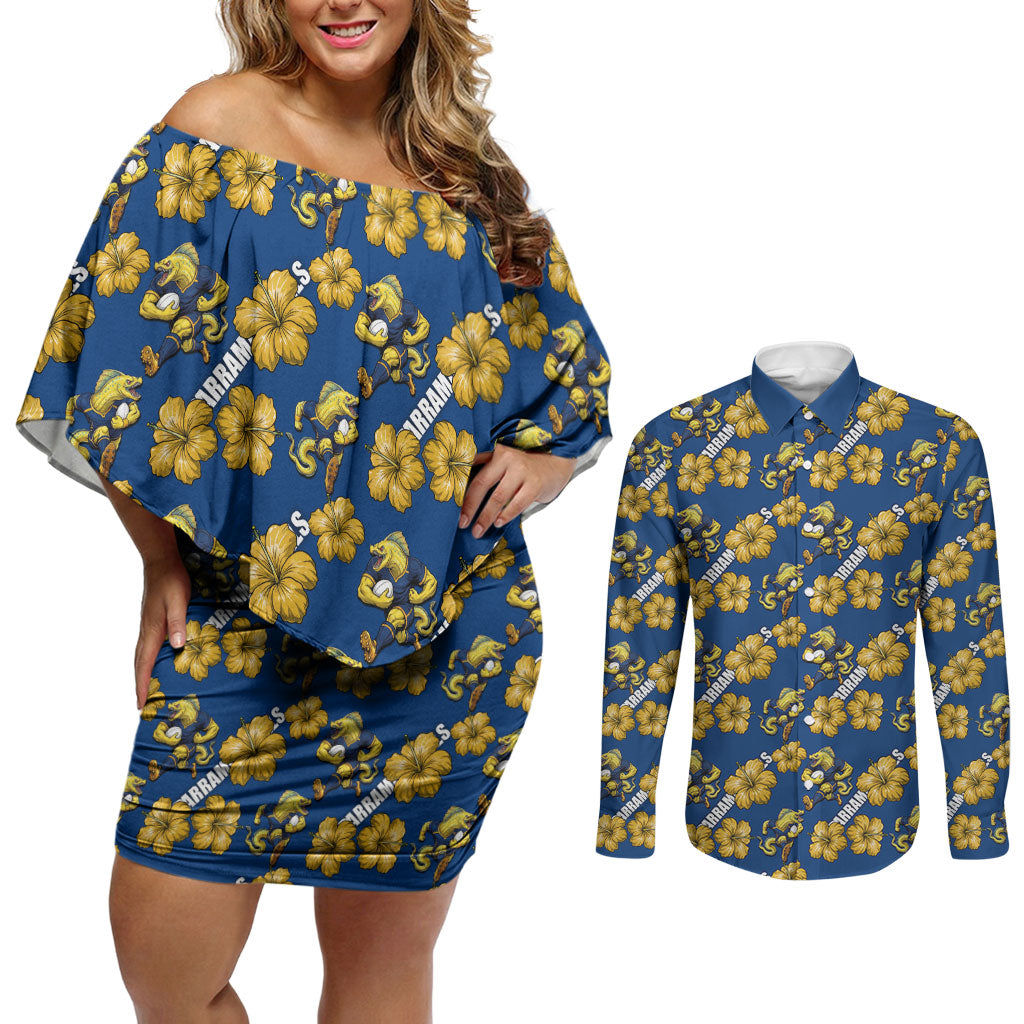 Parramatta Eels Couples Matching Off Shoulder Short Dress and Long Sleeve Button Shirt Tropical Hibiscus Floral Seamless Rugby Mascot