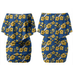 Parramatta Eels Couples Matching Off Shoulder Short Dress and Long Sleeve Button Shirt Tropical Hibiscus Floral Seamless Rugby Mascot