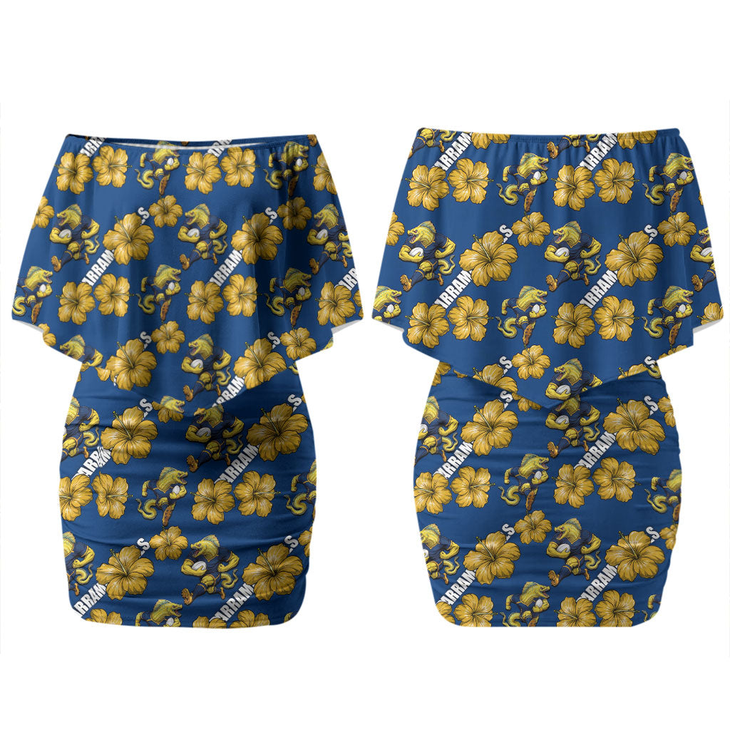 Parramatta Eels Couples Matching Off Shoulder Short Dress and Long Sleeve Button Shirt Tropical Hibiscus Floral Seamless Rugby Mascot