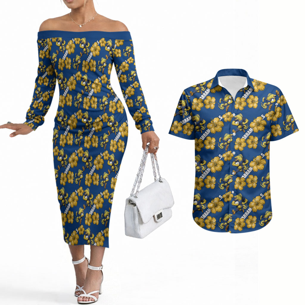 Parramatta Eels Couples Matching Off The Shoulder Long Sleeve Dress and Hawaiian Shirt Tropical Hibiscus Floral Seamless Rugby Mascot