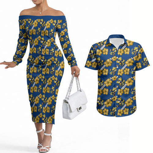 Parramatta Eels Couples Matching Off The Shoulder Long Sleeve Dress and Hawaiian Shirt Tropical Hibiscus Floral Seamless Rugby Mascot