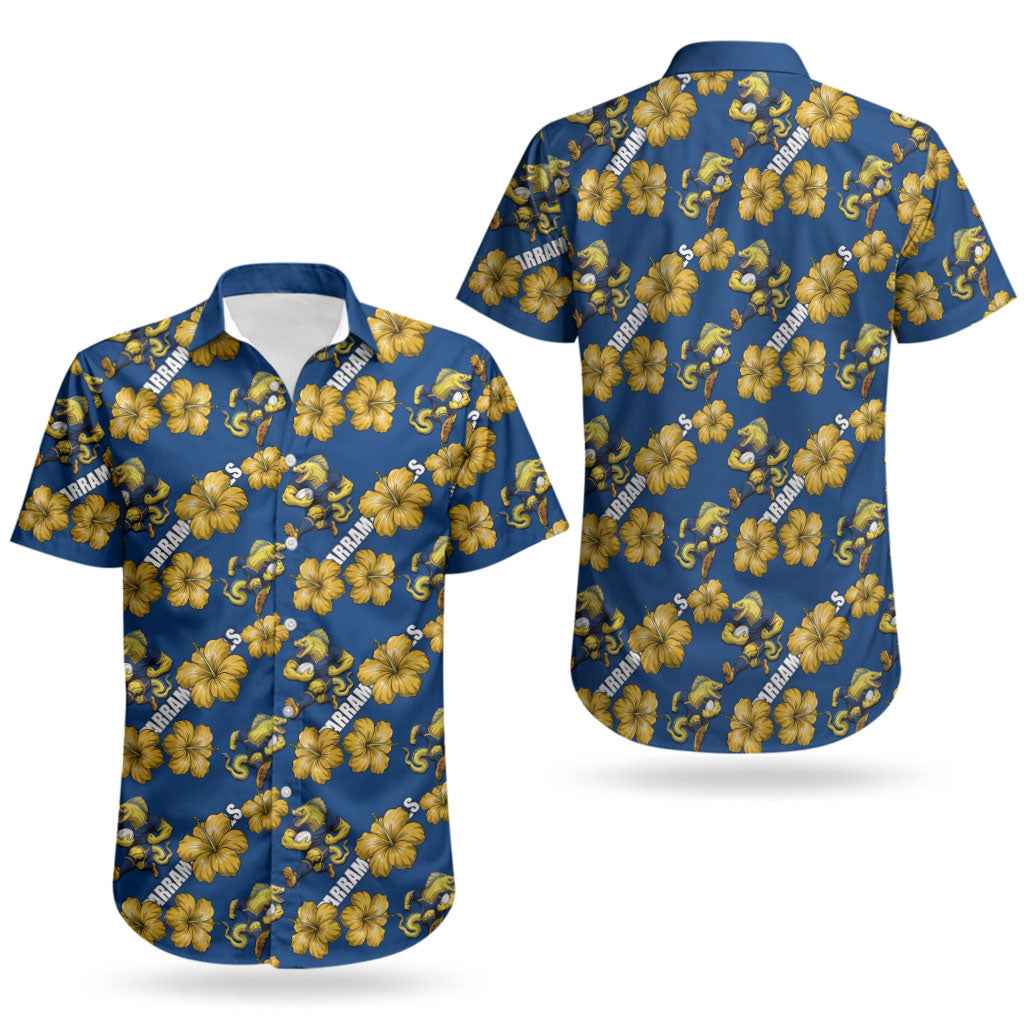 Parramatta Eels Couples Matching Off The Shoulder Long Sleeve Dress and Hawaiian Shirt Tropical Hibiscus Floral Seamless Rugby Mascot