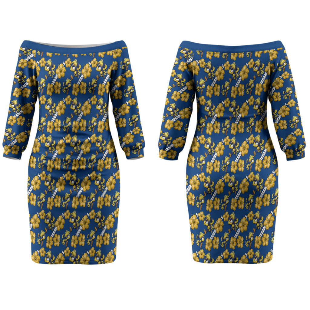 Parramatta Eels Couples Matching Off The Shoulder Long Sleeve Dress and Long Sleeve Button Shirt Tropical Hibiscus Floral Seamless Rugby Mascot