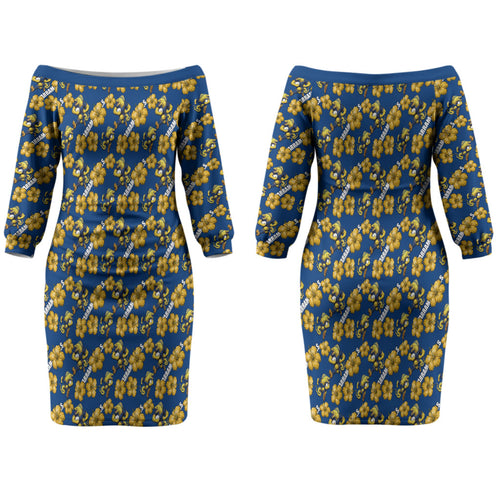 Parramatta Eels Couples Matching Off The Shoulder Long Sleeve Dress and Long Sleeve Button Shirt Tropical Hibiscus Floral Seamless Rugby Mascot