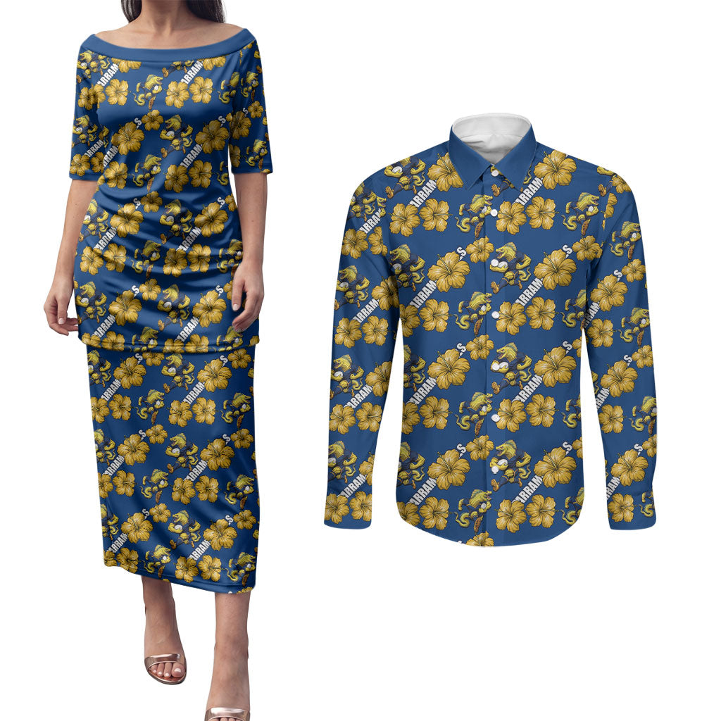 Parramatta Eels Couples Matching Puletasi and Long Sleeve Button Shirt Tropical Hibiscus Floral Seamless Rugby Mascot