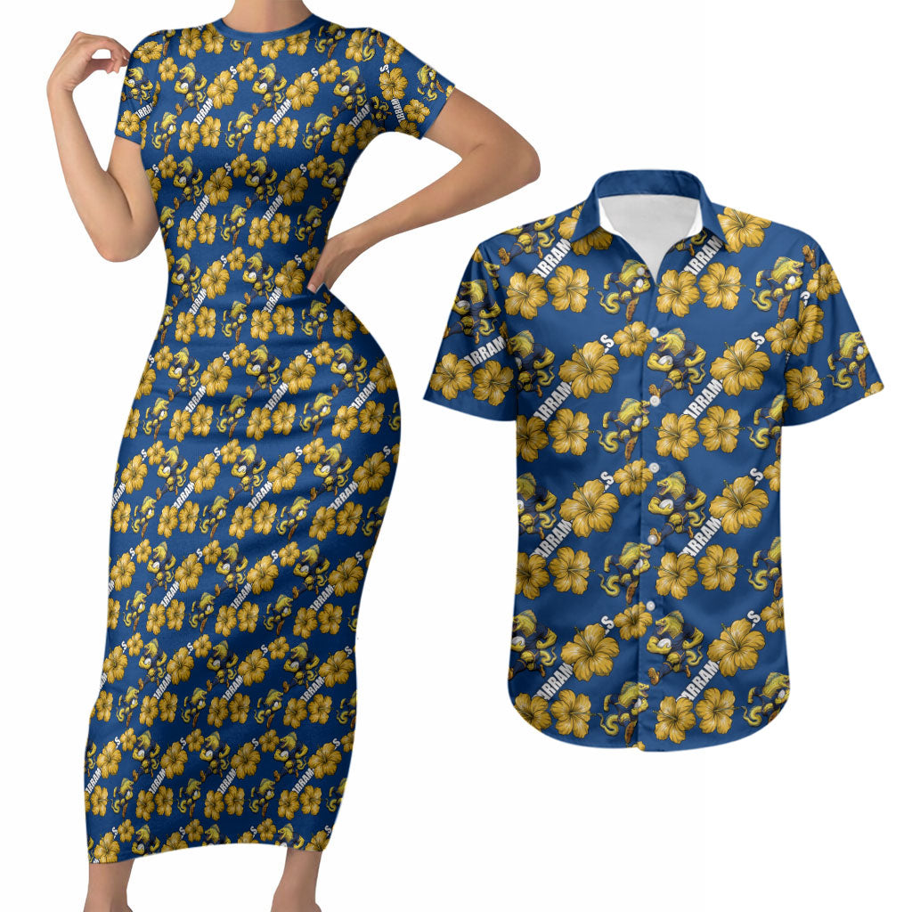 Parramatta Eels Couples Matching Short Sleeve Bodycon Dress and Hawaiian Shirt Tropical Hibiscus Floral Seamless Rugby Mascot
