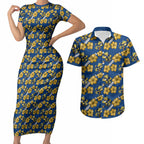 Parramatta Eels Couples Matching Short Sleeve Bodycon Dress and Hawaiian Shirt Tropical Hibiscus Floral Seamless Rugby Mascot