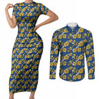 Parramatta Eels Couples Matching Short Sleeve Bodycon Dress and Long Sleeve Button Shirt Tropical Hibiscus Floral Seamless Rugby Mascot