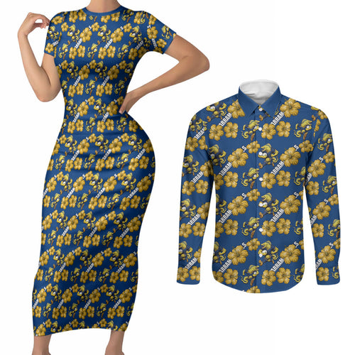 Parramatta Eels Couples Matching Short Sleeve Bodycon Dress and Long Sleeve Button Shirt Tropical Hibiscus Floral Seamless Rugby Mascot