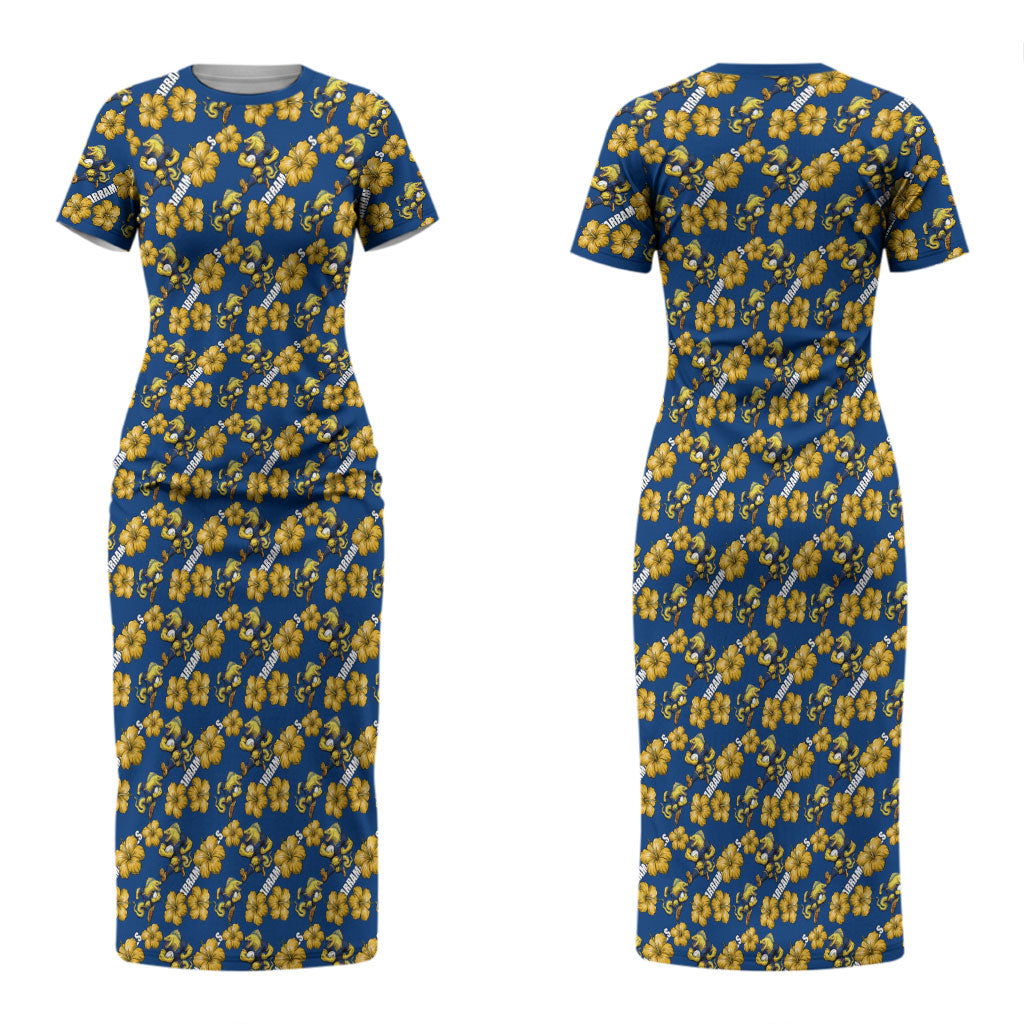 Parramatta Eels Couples Matching Short Sleeve Bodycon Dress and Long Sleeve Button Shirt Tropical Hibiscus Floral Seamless Rugby Mascot