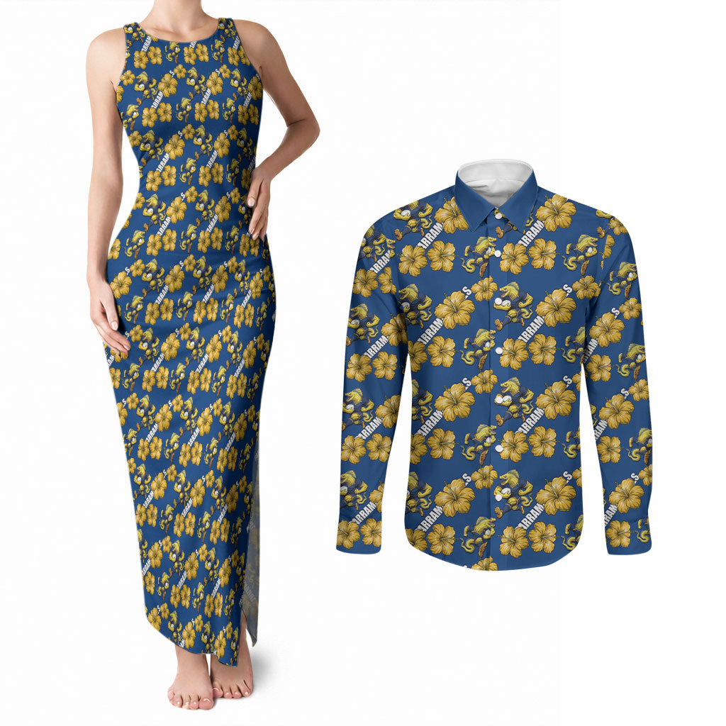 Parramatta Eels Couples Matching Tank Maxi Dress and Long Sleeve Button Shirt Tropical Hibiscus Floral Seamless Rugby Mascot