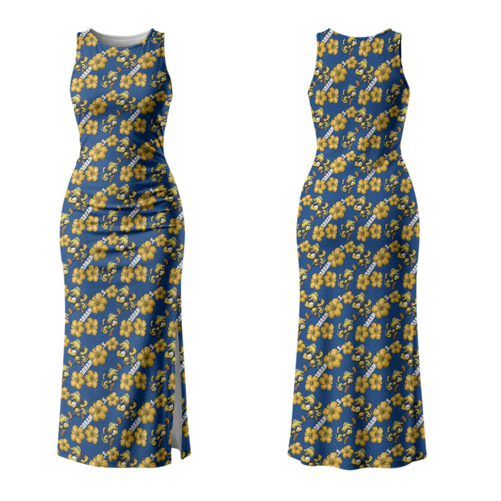 Parramatta Eels Couples Matching Tank Maxi Dress and Long Sleeve Button Shirt Tropical Hibiscus Floral Seamless Rugby Mascot