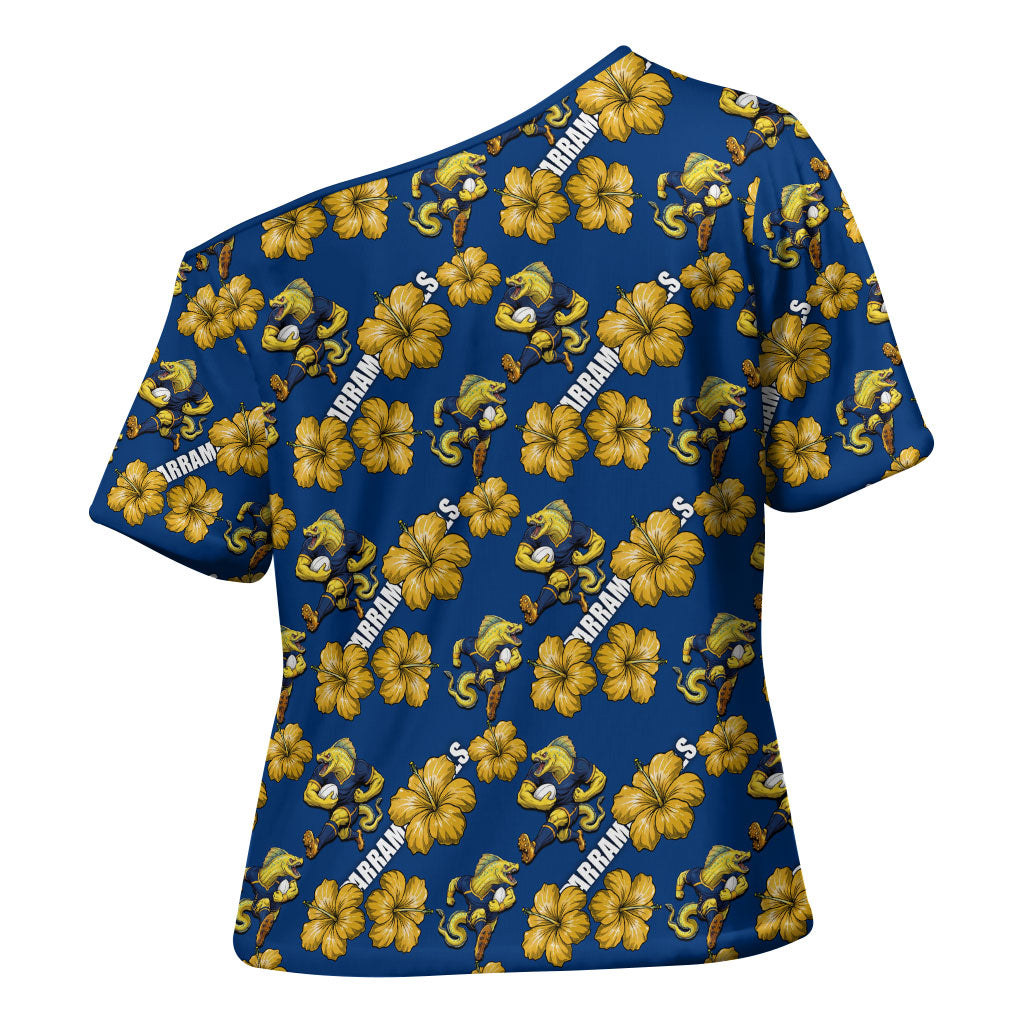 Parramatta Eels Cross Shoulder Shirt Tropical Hibiscus Floral Seamless Rugby Mascot
