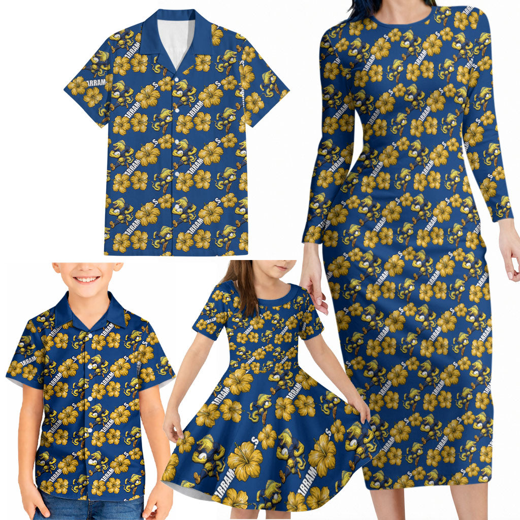Parramatta Eels Family Matching Long Sleeve Bodycon Dress and Hawaiian Shirt Tropical Hibiscus Floral Seamless Rugby Mascot