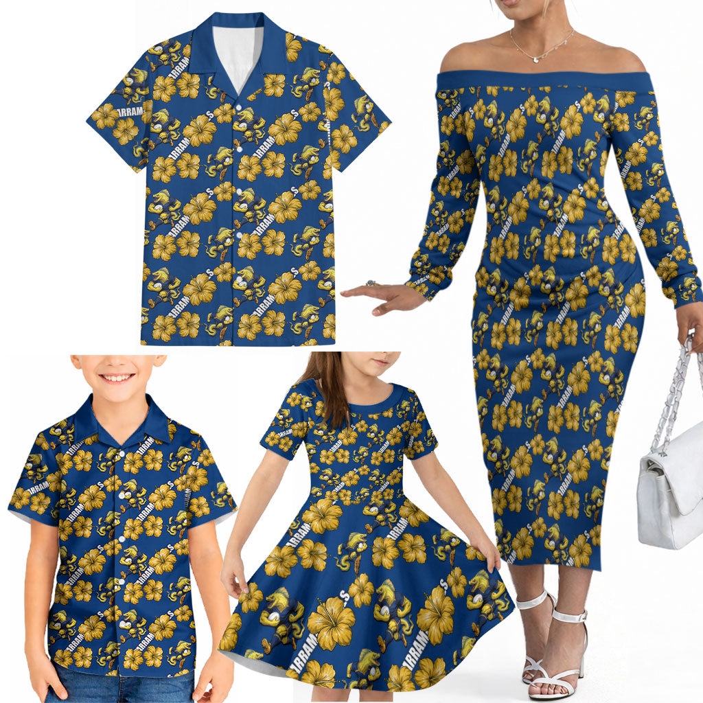 Parramatta Eels Family Matching Off The Shoulder Long Sleeve Dress and Hawaiian Shirt Tropical Hibiscus Floral Seamless Rugby Mascot
