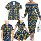 Parramatta Eels Family Matching Off The Shoulder Long Sleeve Dress and Hawaiian Shirt Tropical Hibiscus Floral Seamless Rugby Mascot