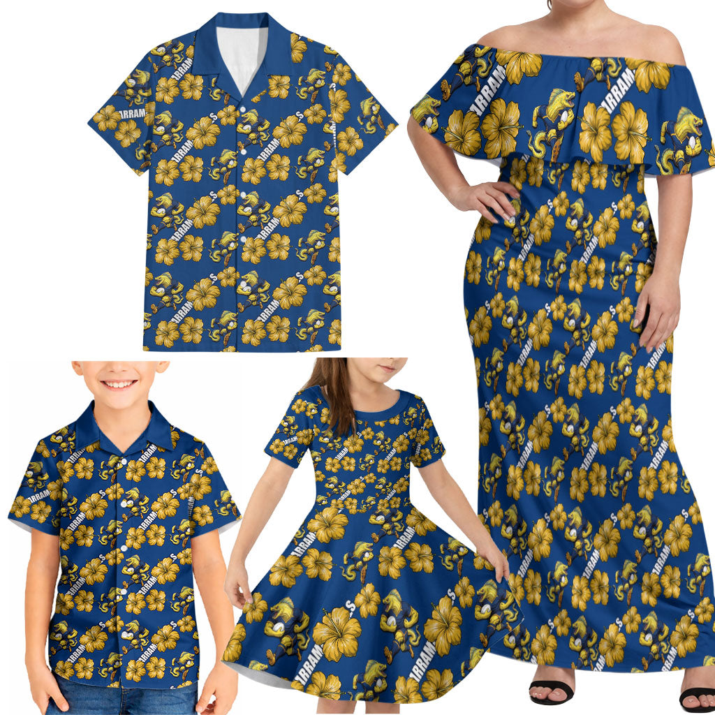 Parramatta Eels Family Matching Off Shoulder Maxi Dress and Hawaiian Shirt Tropical Hibiscus Floral Seamless Rugby Mascot