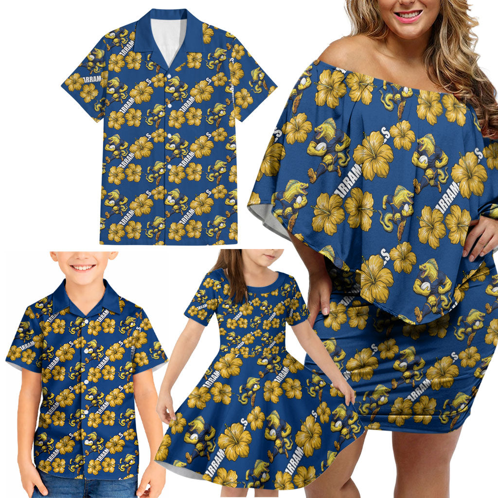 Parramatta Eels Family Matching Off Shoulder Short Dress and Hawaiian Shirt Tropical Hibiscus Floral Seamless Rugby Mascot
