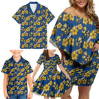 Parramatta Eels Family Matching Off Shoulder Short Dress and Hawaiian Shirt Tropical Hibiscus Floral Seamless Rugby Mascot