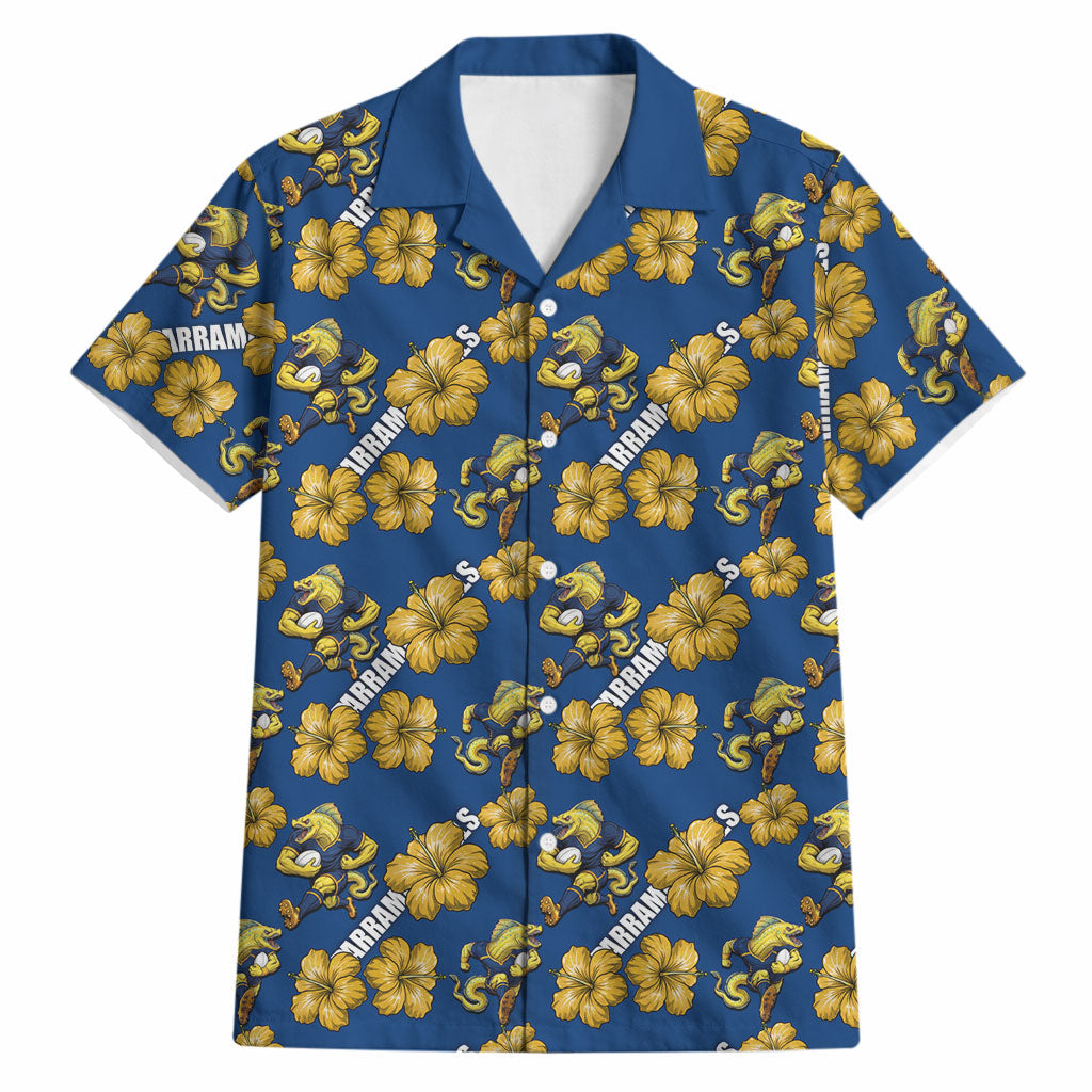 Parramatta Eels Hawaiian Shirt Tropical Hibiscus Floral Seamless Rugby Mascot