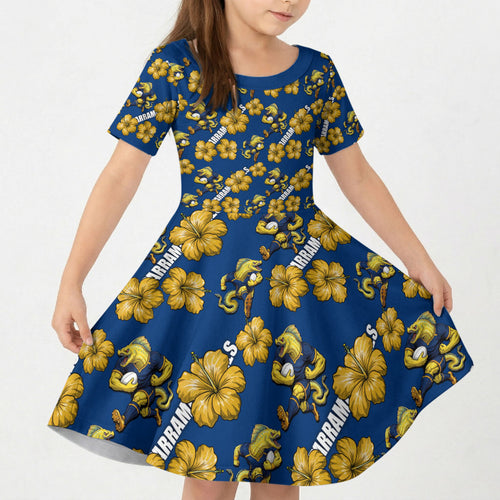 Parramatta Eels Kid Short Sleeve Dress Tropical Hibiscus Floral Seamless Rugby Mascot