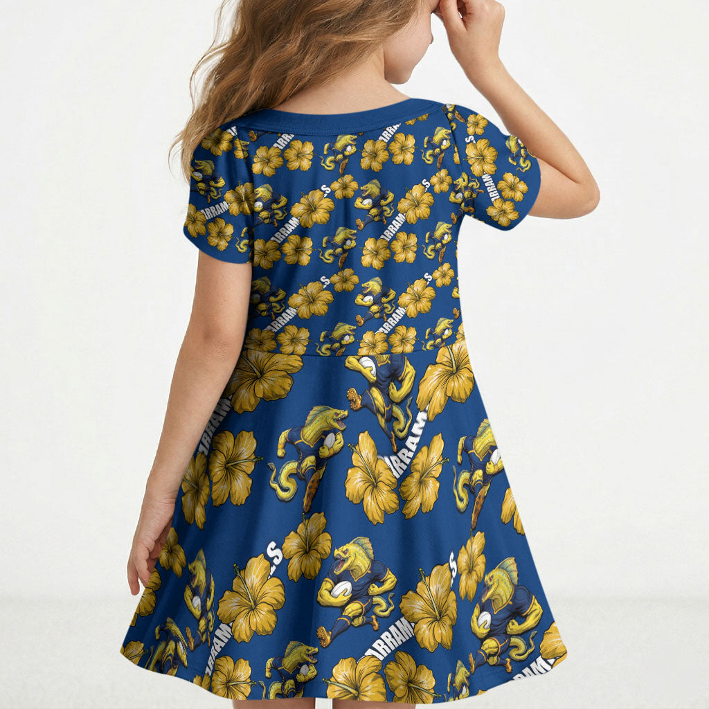 Parramatta Eels Kid Short Sleeve Dress Tropical Hibiscus Floral Seamless Rugby Mascot