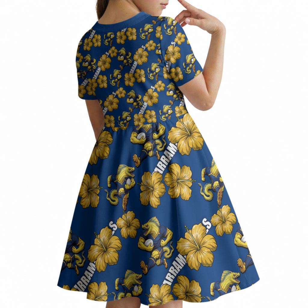 Parramatta Eels Kid Short Sleeve Dress Tropical Hibiscus Floral Seamless Rugby Mascot