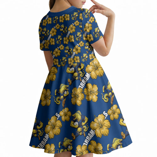 Parramatta Eels Kid Short Sleeve Dress Tropical Hibiscus Floral Seamless Rugby Mascot