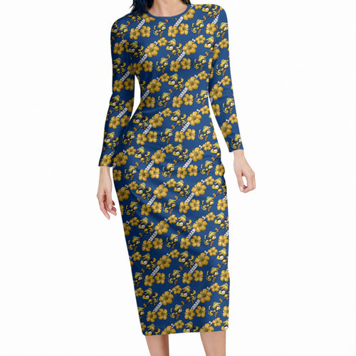 Parramatta Eels Long Sleeve Bodycon Dress Tropical Hibiscus Floral Seamless Rugby Mascot