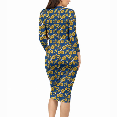Parramatta Eels Long Sleeve Bodycon Dress Tropical Hibiscus Floral Seamless Rugby Mascot