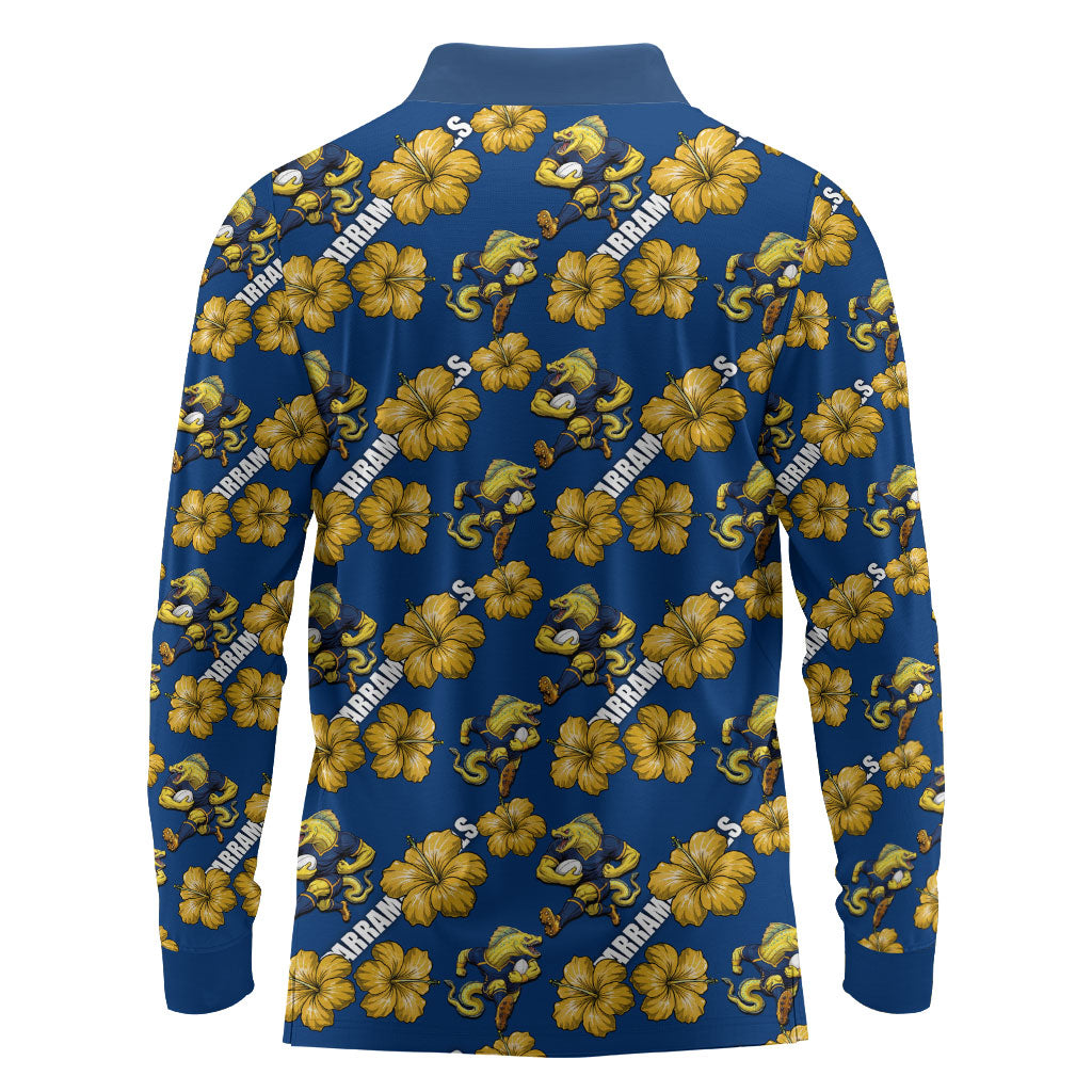 Parramatta Eels Long Sleeve Polo Shirt Tropical Hibiscus Floral Seamless Rugby Mascot