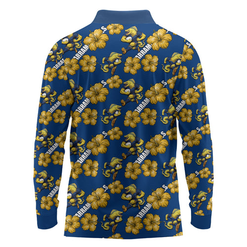 Parramatta Eels Long Sleeve Polo Shirt Tropical Hibiscus Floral Seamless Rugby Mascot