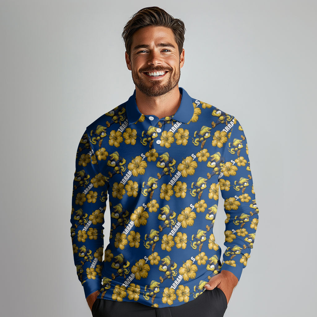Parramatta Eels Long Sleeve Polo Shirt Tropical Hibiscus Floral Seamless Rugby Mascot