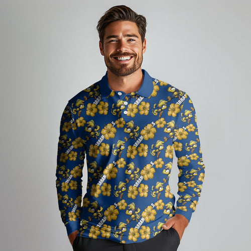 Parramatta Eels Long Sleeve Polo Shirt Tropical Hibiscus Floral Seamless Rugby Mascot