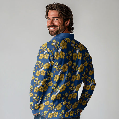 Parramatta Eels Long Sleeve Polo Shirt Tropical Hibiscus Floral Seamless Rugby Mascot