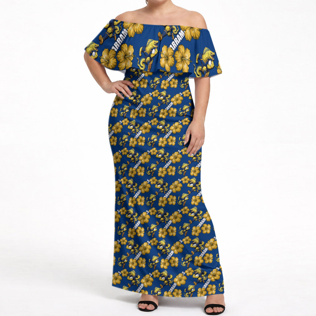 Parramatta Eels Off Shoulder Maxi Dress Tropical Hibiscus Floral Seamless Rugby Mascot