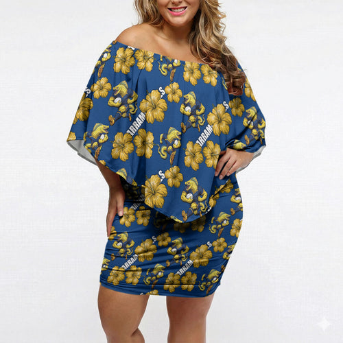 Parramatta Eels Off Shoulder Short Dress Tropical Hibiscus Floral Seamless Rugby Mascot