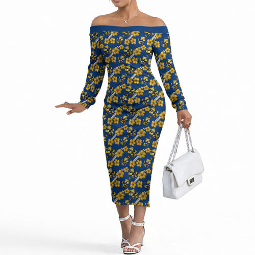 Parramatta Eels Off The Shoulder Long Sleeve Dress Tropical Hibiscus Floral Seamless Rugby Mascot