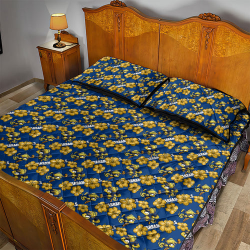 Parramatta Eels Quilt Bed Set Tropical Hibiscus Floral Seamless Rugby Mascot