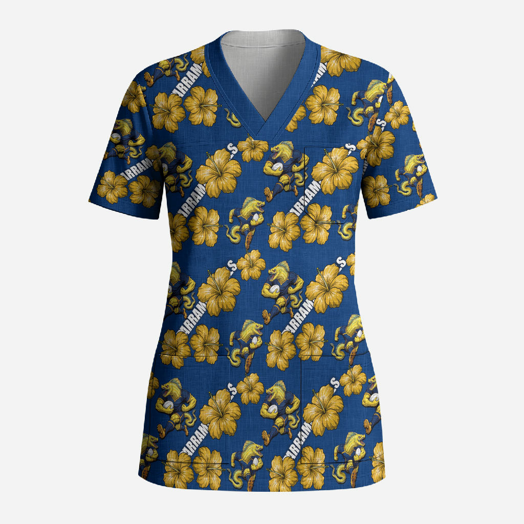 Parramatta Eels Scrub Top Tropical Hibiscus Floral Seamless Rugby Mascot