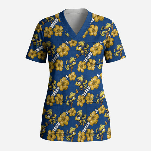 Parramatta Eels Scrub Top Tropical Hibiscus Floral Seamless Rugby Mascot