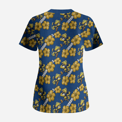 Parramatta Eels Scrub Top Tropical Hibiscus Floral Seamless Rugby Mascot
