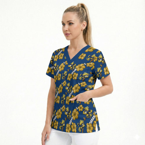 Parramatta Eels Scrub Top Tropical Hibiscus Floral Seamless Rugby Mascot
