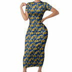 Parramatta Eels Short Sleeve Bodycon Dress Tropical Hibiscus Floral Seamless Rugby Mascot