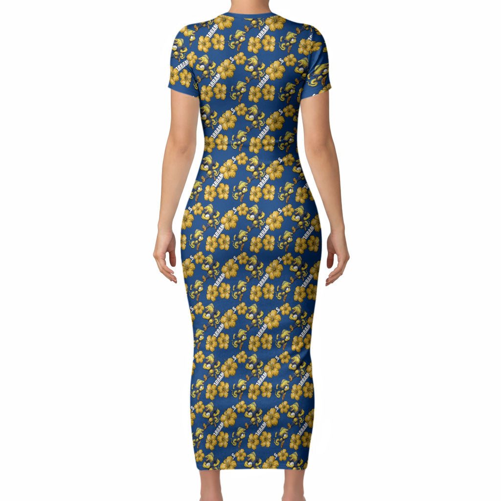 Parramatta Eels Short Sleeve Bodycon Dress Tropical Hibiscus Floral Seamless Rugby Mascot