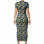 Parramatta Eels Short Sleeve Bodycon Dress Tropical Hibiscus Floral Seamless Rugby Mascot
